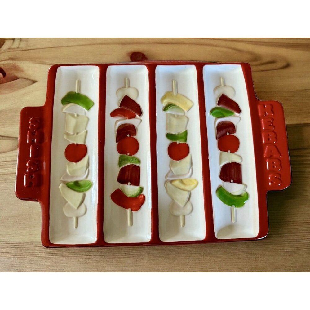 Grassland Roads Platter Party Shish Kebab Vintage 14” Ceramic Decor Red Grilling